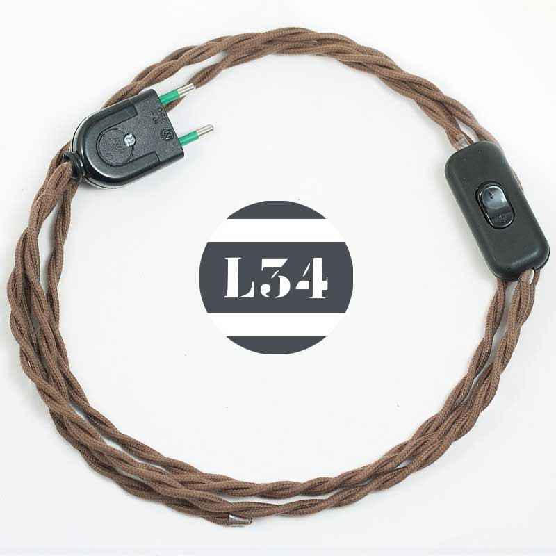 Cordon textile torsadé marron avec interrupteur et fiche noir