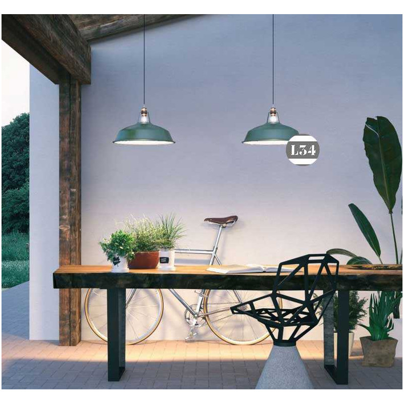 Suspension métal vert, intérieur blanc avec fil et pavillon noir .